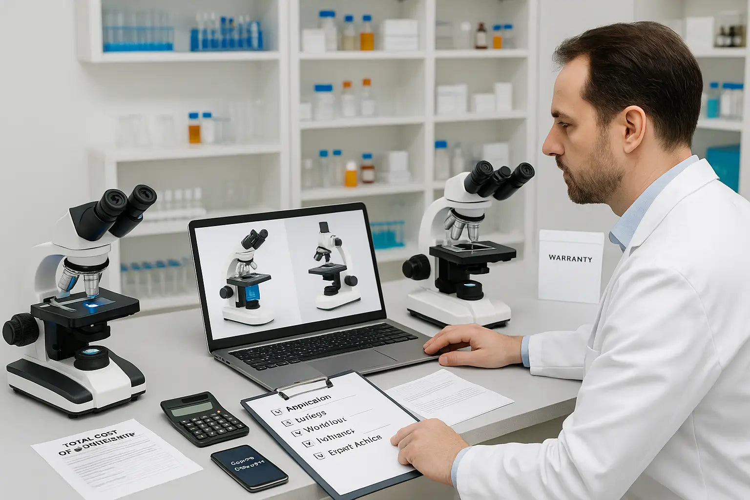 Scientist reviewing microscopes with checklist, budget sheet, and warranty documents in a lab, symbolizing buying guide decision-making