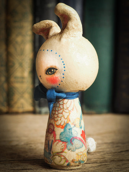 Adorable Easter Bunny Rabbit handmade kokesi wooden mini art doll by Danita Art craft project made with modeling clay silk ribbon and decoupage applications