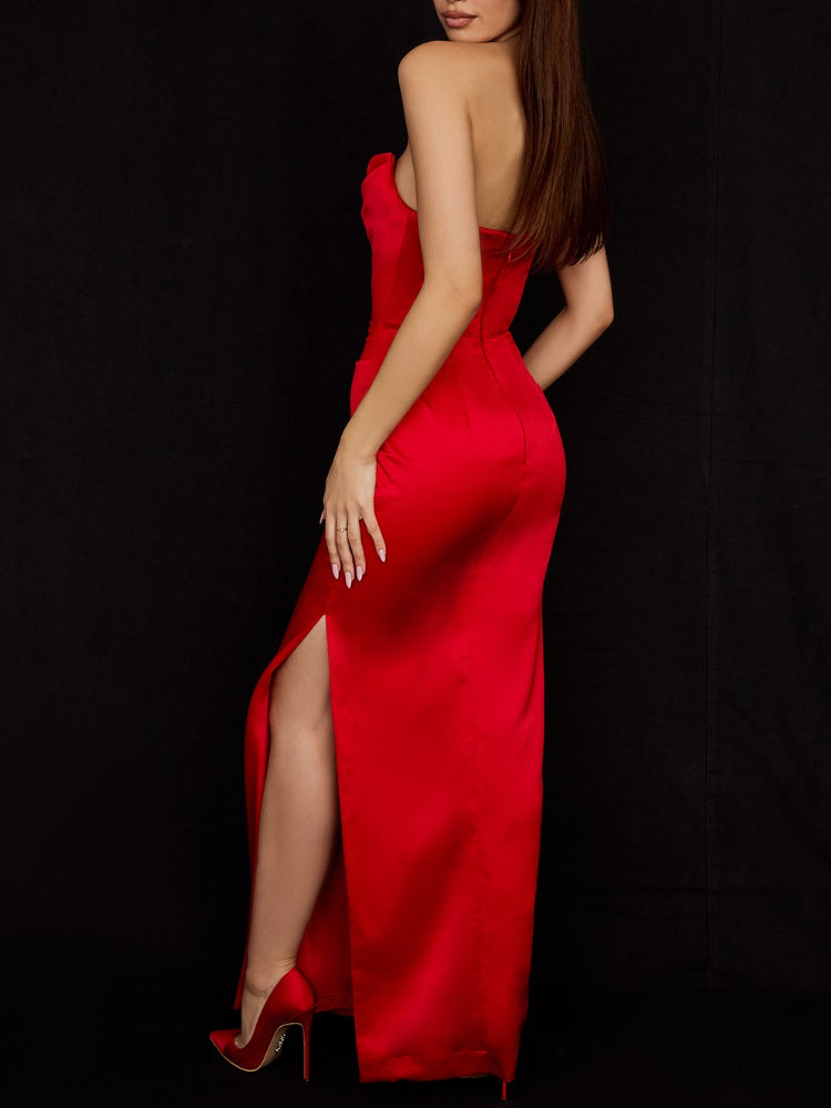Strapless Satin High Side Slit Maxi Prom Dress - Image 19