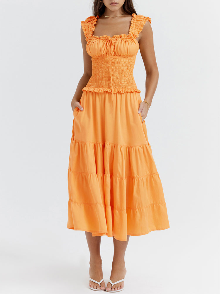 A-line Shirred Frill Trim Front Tie Midi Dress - Image 3