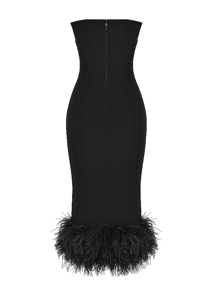 Strapless Feather Trim Midi Prom Black Dress - Image 8