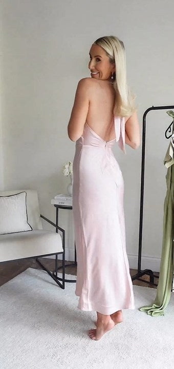 Satin Backless Halter Cross Straps Maxi Dresses - Image 3