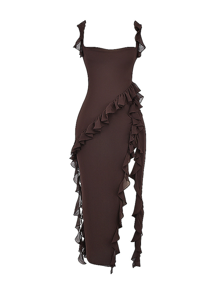 Low Back Ruffle Frill Trim High Split Maxi Dress - Image 11
