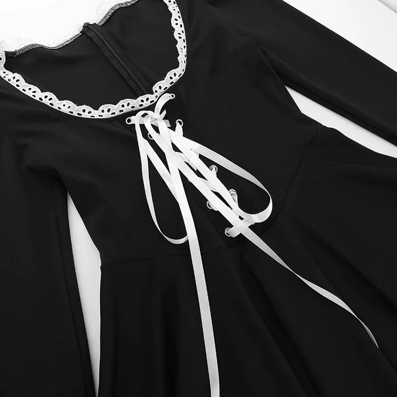 Lace Tie-Up Black Puff Long Sleeve Mini Dress - Image 15