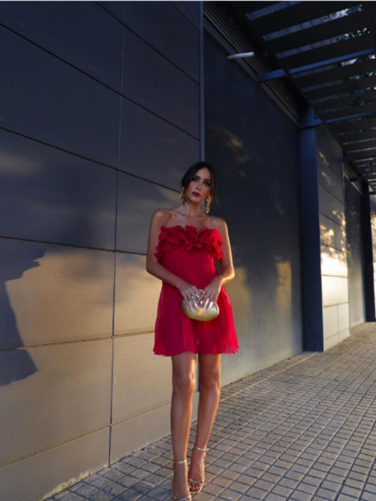 Red Ruffled Pleated Strapless Mini Dress - Image 10
