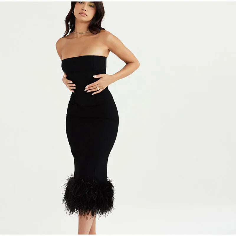 Corset Tube Fur Trim Bodycon Midi Dress - Image 11