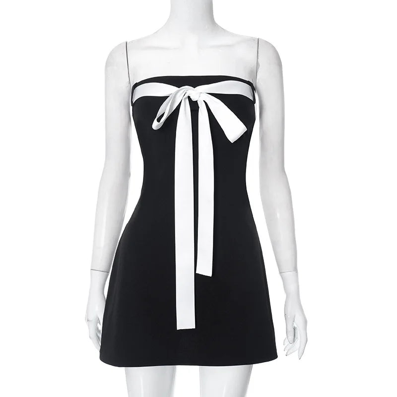 Black Tube White Bow Mini Dress - Image 3