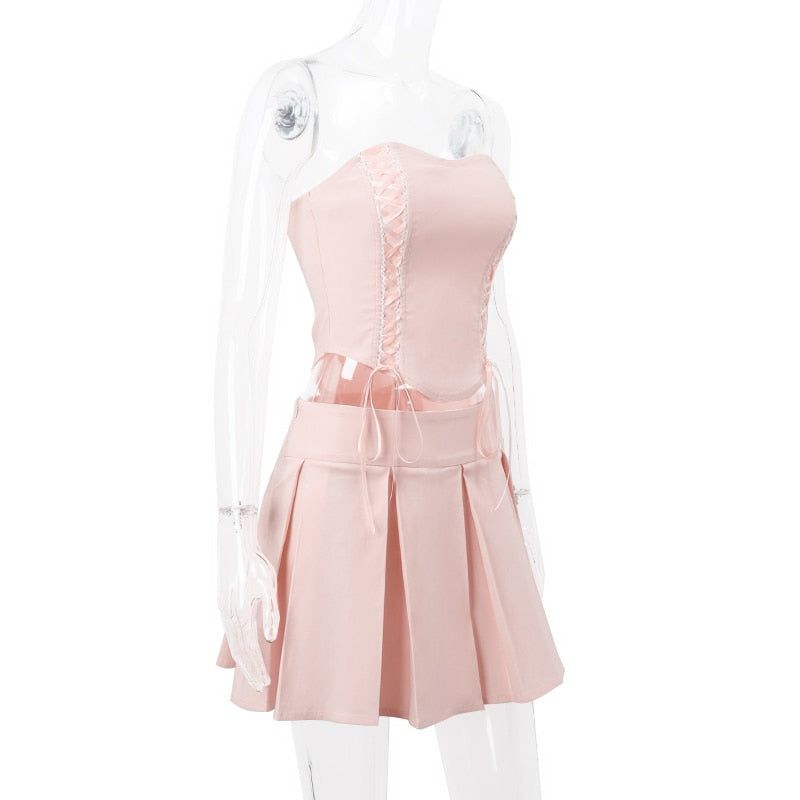 Pink Lace Up Corset And Pleated Mini Skirt Set - Image 7