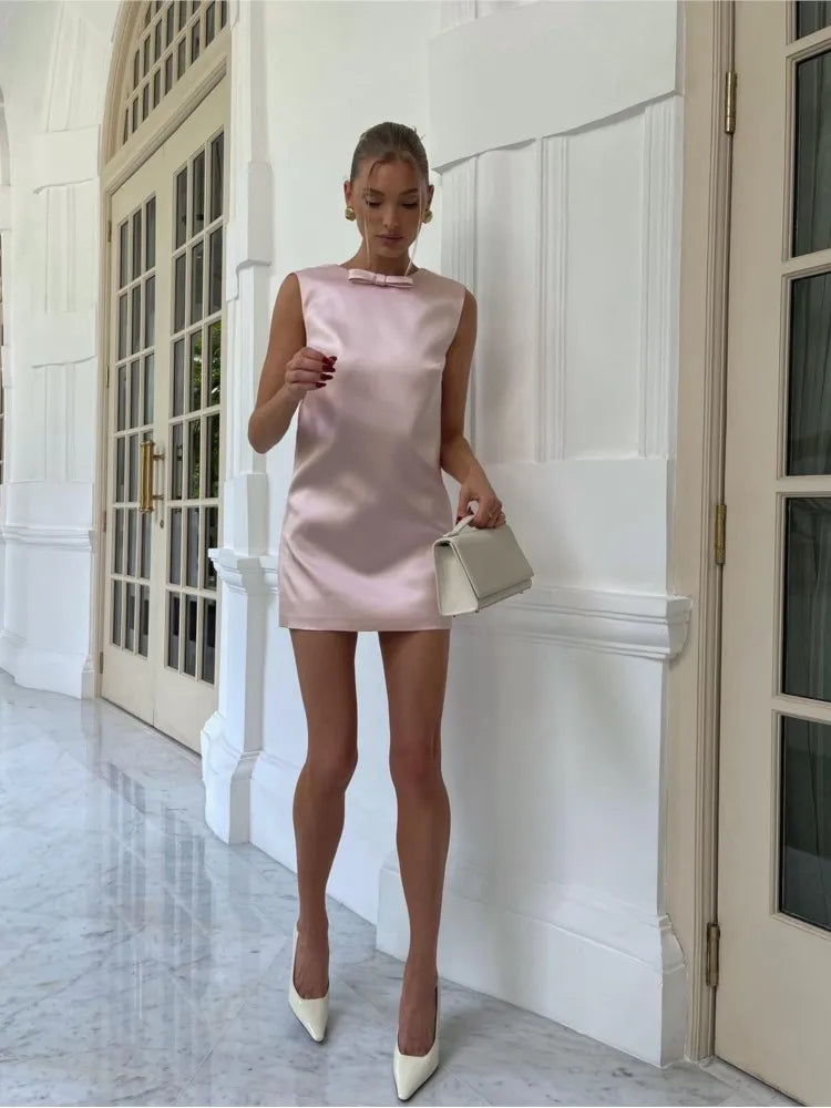 Pink Satin Backless Bow Mini Dress - Image 6