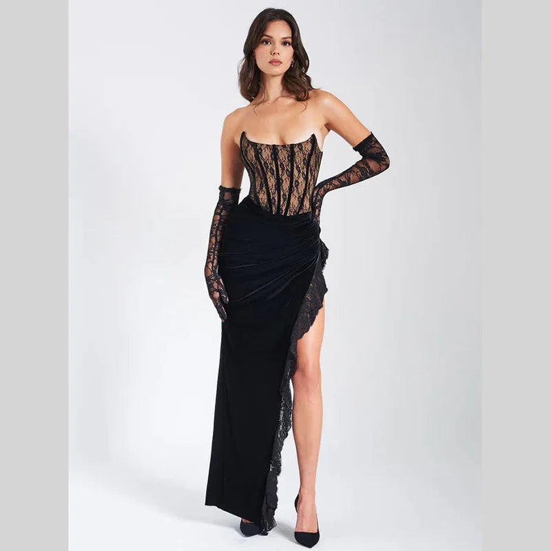 Black Lace Tube Frill Slit Maxi Dress - Image 3