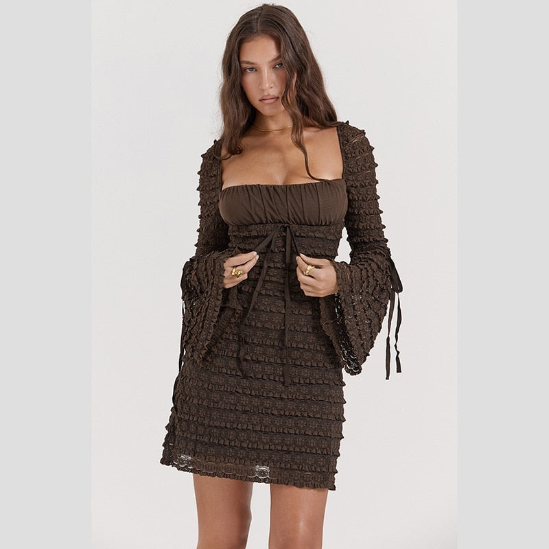 Brown Lace Layered Long Sleeve Mini Dress - Image 13