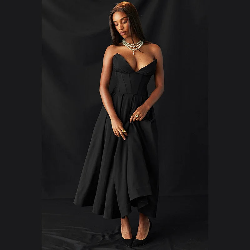 Black Deep Neck Strapless Frill Midi Dress - Image 5