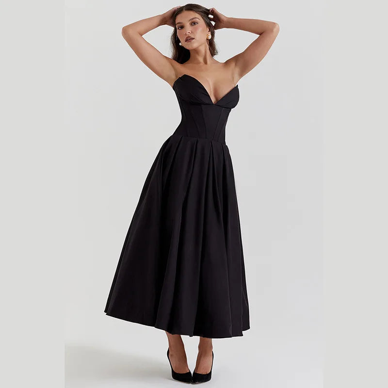 Black Deep Neck Strapless Frill Midi Dress - Image 8