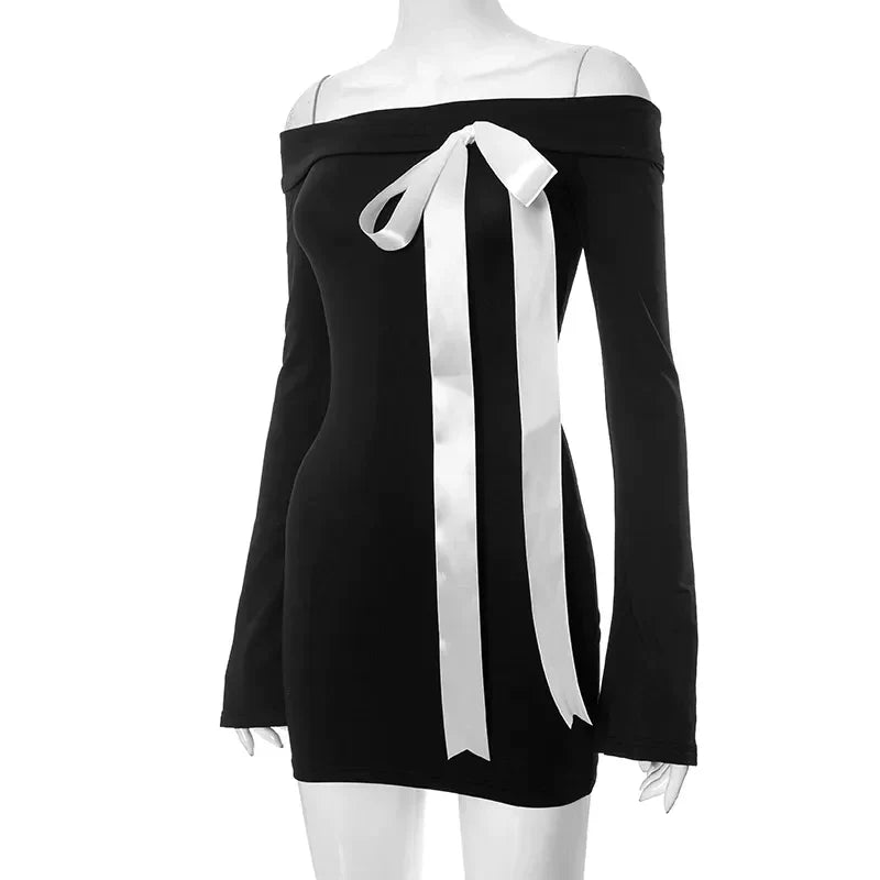 Black Off-Shoulder Long Sleeve Bow Mini Dress - Image 9