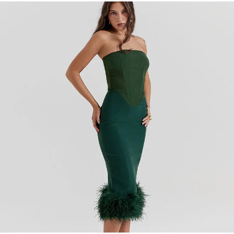 Corset Tube Fur Trim Bodycon Midi Dress - Image 5
