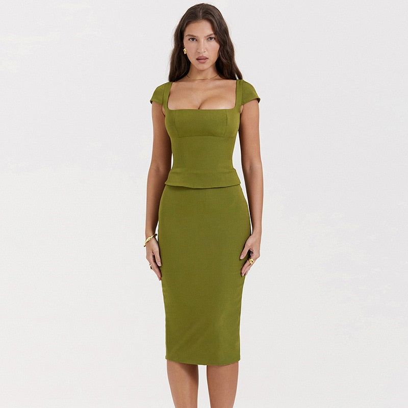 Green Square Neck Top And Bodycon Midi Skirt Two Piece Set - Image 3