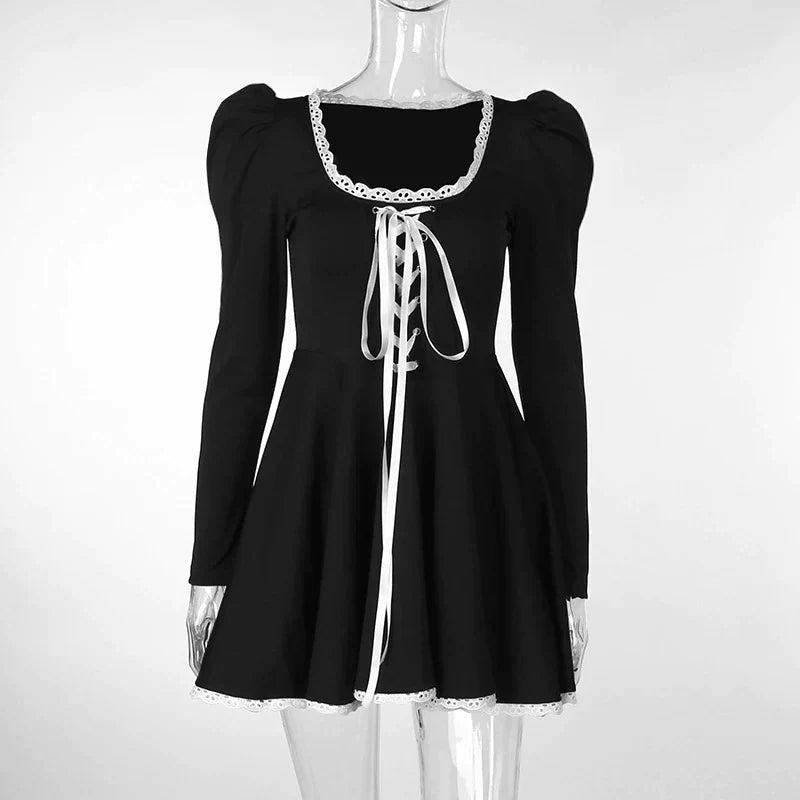 Lace Tie-Up Black Puff Long Sleeve Mini Dress - Image 13