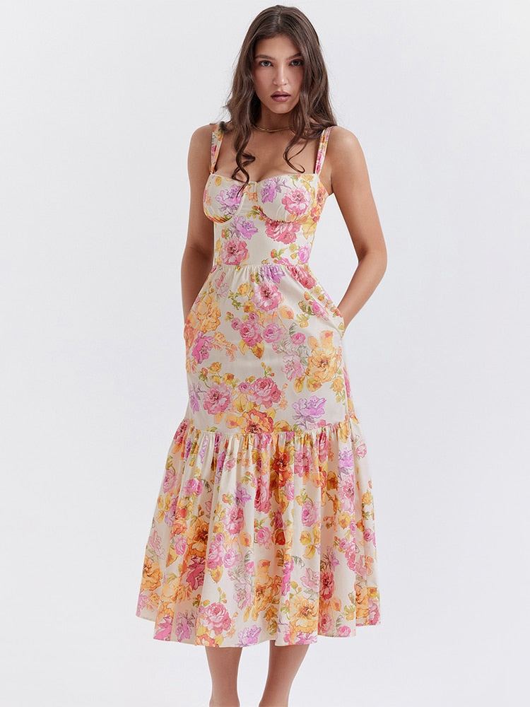 Floral Print Bustier Strap With Pocket Midi Dress - Image 13
