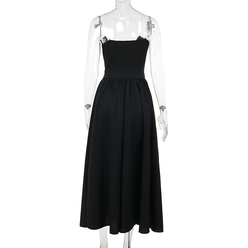 Black Deep Neck Strapless Frill Midi Dress - Image 13