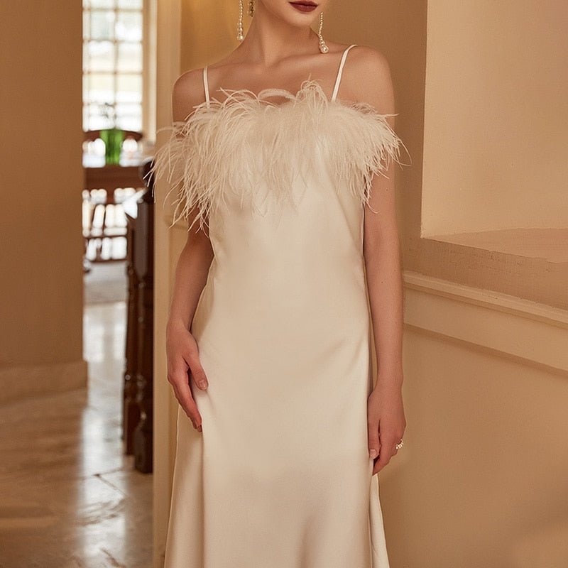 Real Silk Sleeveless Ostrich Feather Mid-Calf Dresses - Image 6