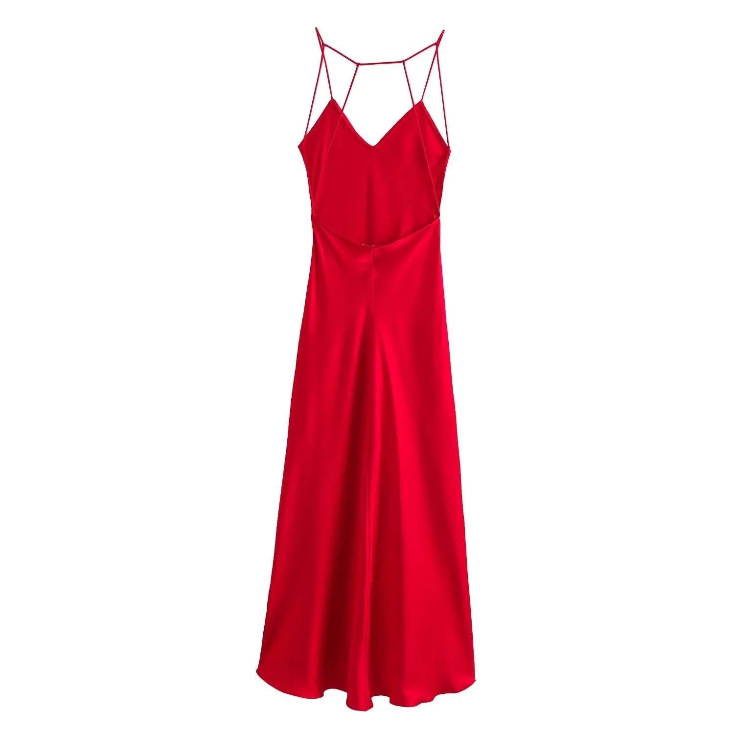 Red Satin V-neck Backless Maxi Dress - Image 4