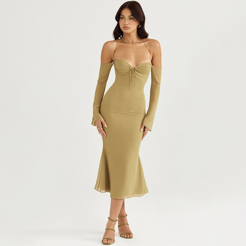 Halter Off Shoulder Long Sleeve Midi Dresses - Image 22