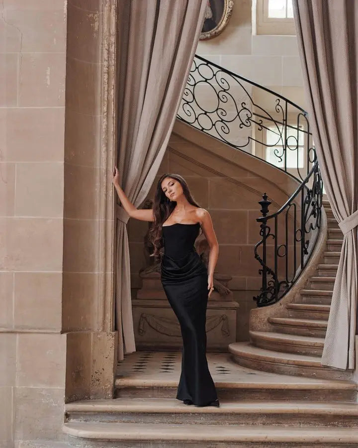 Black Corset Tube Satin Maxi Dress - Image 6