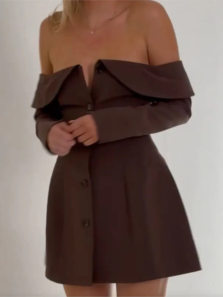 Brown Off Shoulder Long Sleeve Button Mini Dress - Image 6