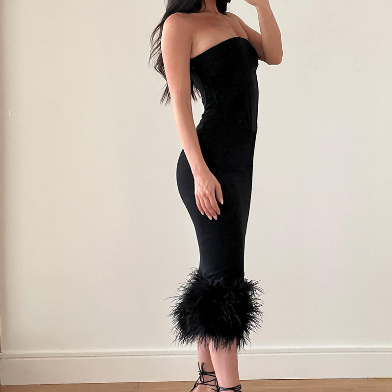 Black Tube Midi Dress With Fur Trim - Image 3