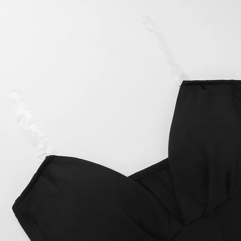 Black Deep Neck Strapless Frill Midi Dress - Image 14