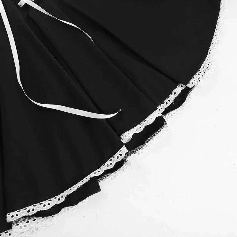 Lace Tie-Up Black Puff Long Sleeve Mini Dress - Image 17