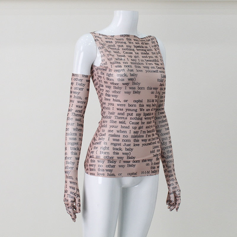 Mesh Letter Print Sleeveless Top With Gloves - Image 11