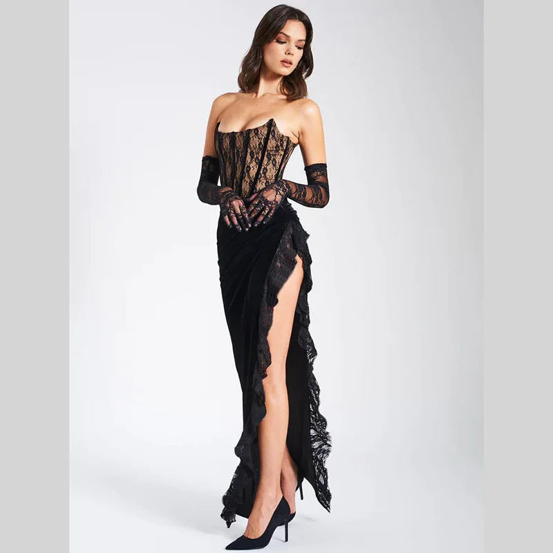 Black Lace Tube Frill Slit Maxi Dress - Image 9