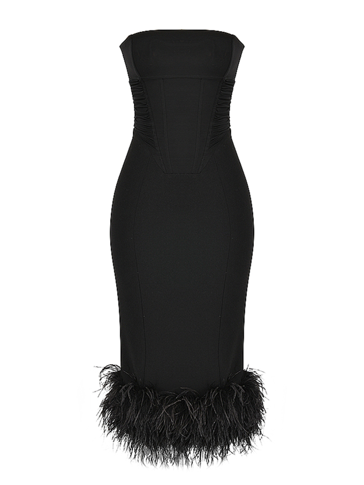 Strapless Feather Trim Midi Prom Black Dress - Image 7