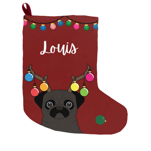 Vintage Watercolor Pug Christmas Stocking Can be Personalized