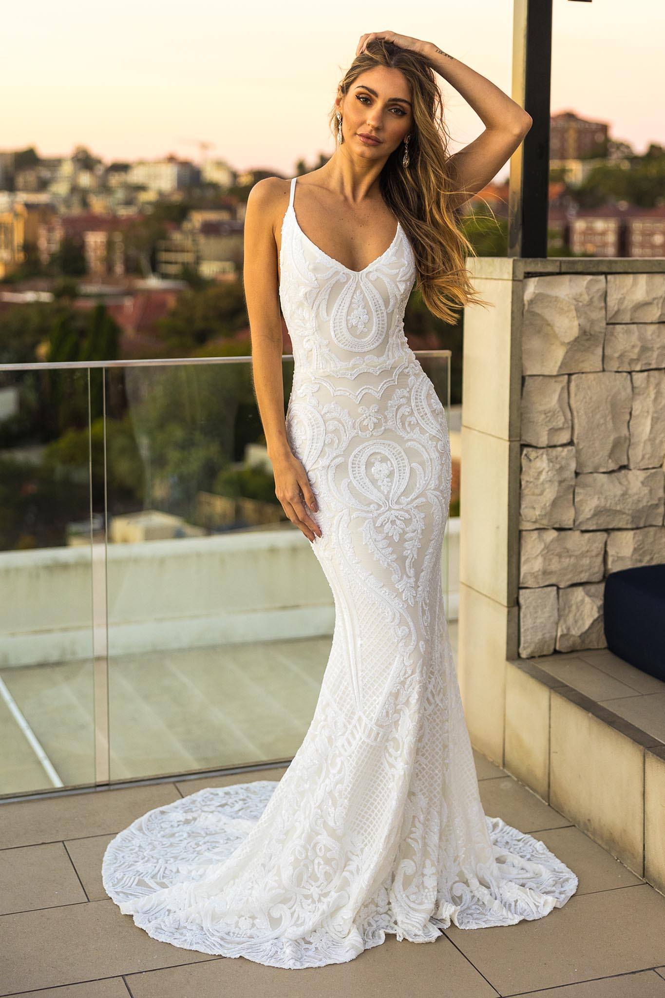Simple Wedding Dress Lycra Spandex Bateau Neck Long Sleeves Lace A Lin —  Bridelily