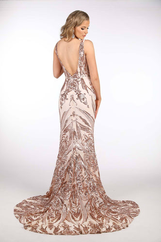 AMIYA Lace Up Back Pattern Sequin Gown - Gold – NBLUXE
