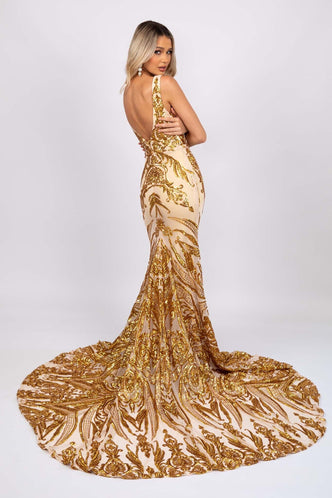 AMIYA Lace Up Back Pattern Sequin Gown - Gold – NBLUXE