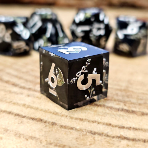 Tabletop dominion moondrop d6 dice on wood background