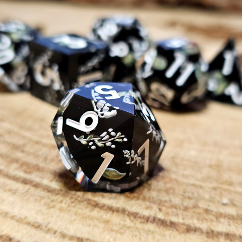 Tabletop dominion moondrop d10 dice on wooden background