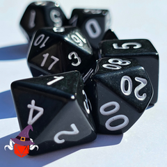 Pure Black Acrylic Dice Set for D&D on a White Background