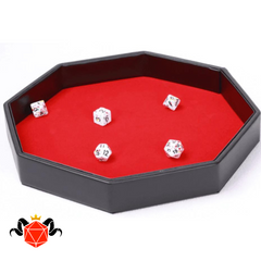 Red Velvet Dice Tray with Black Faux Leather Trim on White Background
