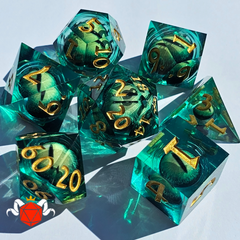 Green Dragon Eye Dice grouped together on a white background