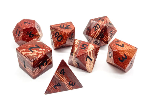 Jasper gemstone dice set on a white background