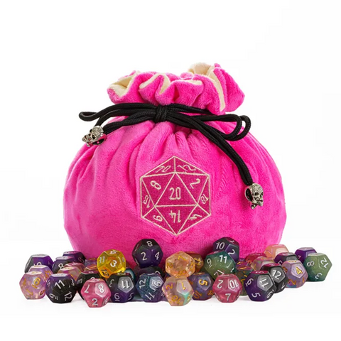 Flannel Drawstring Dice Bag in pink surrounded with many dice on a white background
