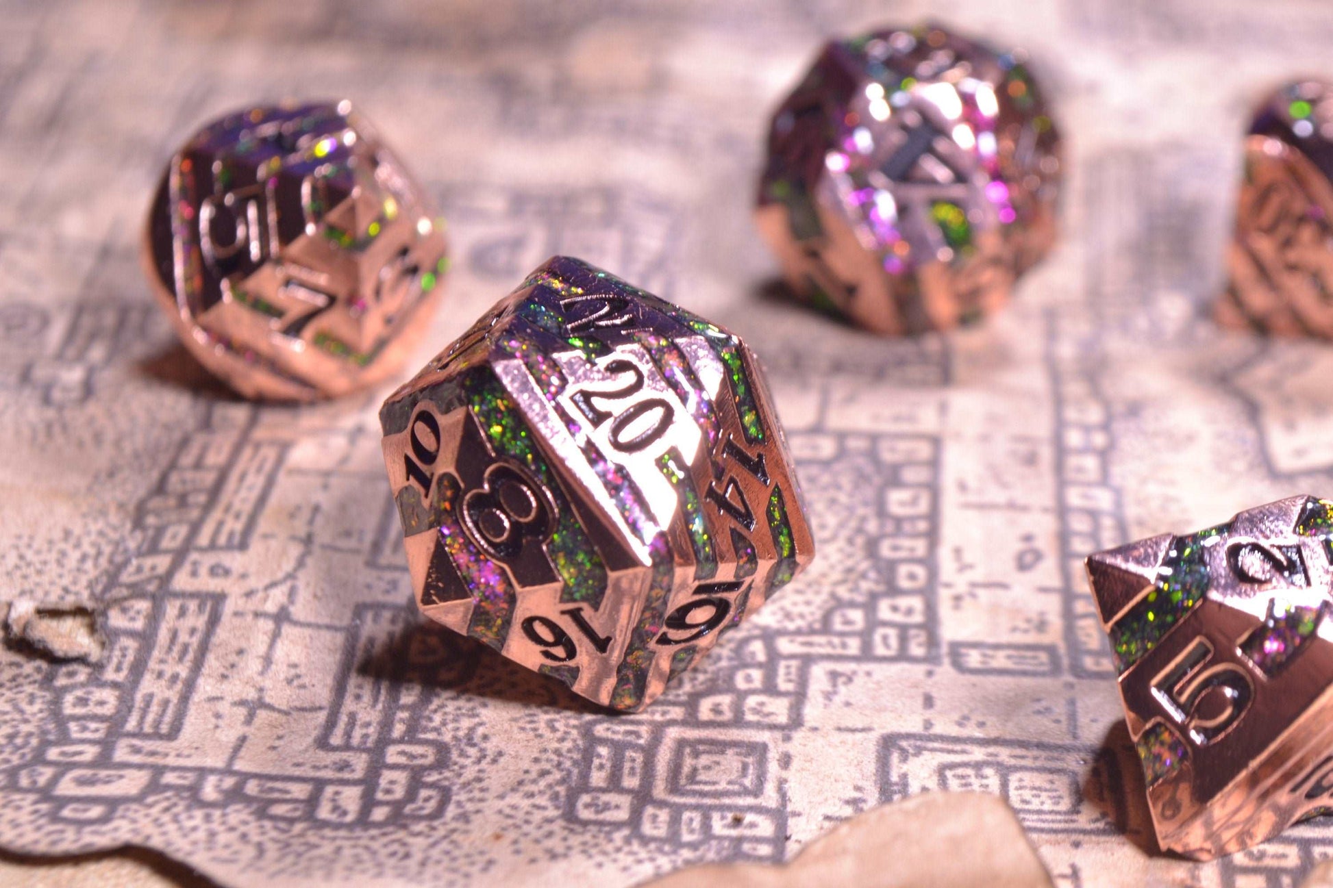 Alchemist - Copper Metal D&D Dice Set With purple and green resin stripes and Engraved Numbering - For Dungeons and Dragons - Gift Set