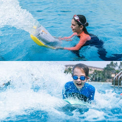 Two photos of kids in pool splashing with an Asiwo Mako Electric Kickboard.