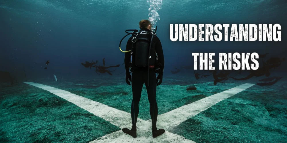 Scuba diver standing at crossroads considering risks involved.