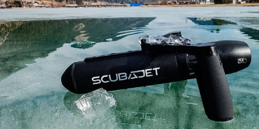 ScubaJet Pro Dive Scooter placed on ice lake.
