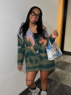 Vintage Mohair Print Knit Cardigan For Women Fashion Long Sleeves Single Breasted Loose Sweater 2023 Autumn Chic High Streetwear - Ellenworkz